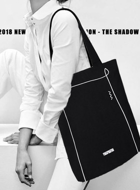 黑色单肩原创帆布包小众拉链新款大容量加厚重磅宽带ins欧美包女