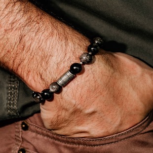 IBD设计室天然黑曜石碧玺茶晶蓝水晶手链男款复古纯银手串男款潮