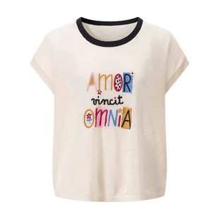 C602撞色圆领字母彩色刺绣针织短袖 休闲上衣 女薄款