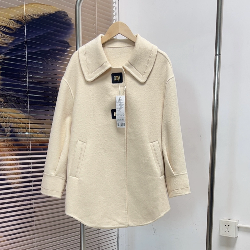 D642 鸟+双面呢大衣女装冬季时尚POLO领纯色宽松精致绣花毛呢大衣