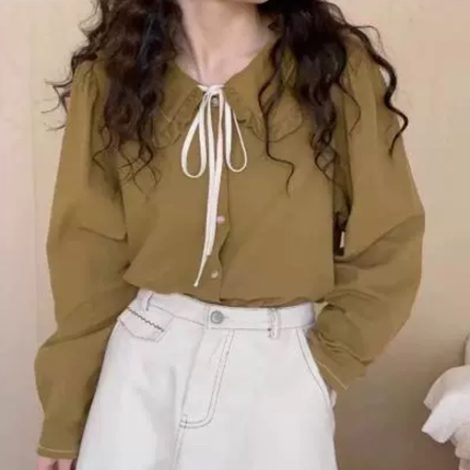 B902娃娃领甜美蝴蝶结系带衬衫女长袖春秋季新款减龄感纯棉上衣