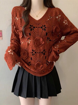 A963法式钩花镂空针织衫女大码外搭罩衫立体花朵上衣