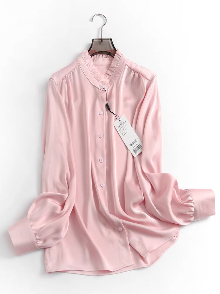D402纯色醋纤垂感花边立领单排扣春季新款长袖气质女装衬衫0.21