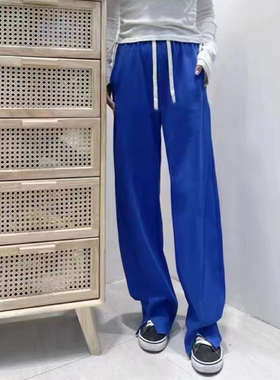 E314裤脚开叉绿色直筒裤女高腰显瘦春秋美式裤子设计感小众休闲裤