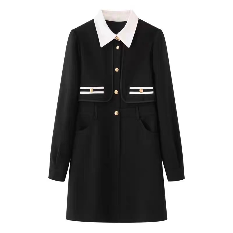 B813赫本风显瘦修身翻领假两件长袖气质女裙优雅a字裙连衣裙