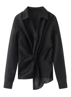 A713衬衫女装春秋季新款法式不对称扭结收腰显瘦衬衬衣设计感上衣