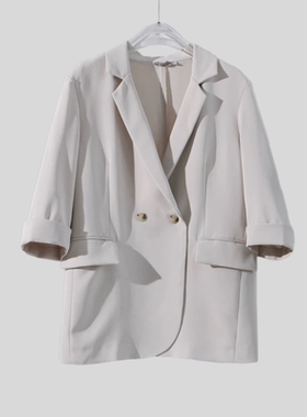 A252春秋女时尚西装领双排扣卷边七分袖宽松百搭气质有垂感西装女