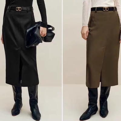 A942新品款高腰开叉包臀半身裙时尚百搭长裙女加厚腰带40713524