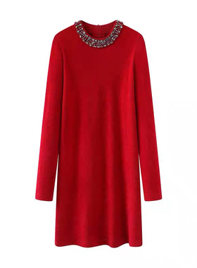 D424高级感手工钻饰圆领金聪丝黑色连衣裙A字裙打底短裙女