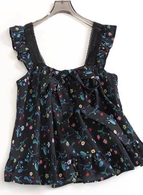 B504碎花图案宽松遮肉显瘦蝴蝶结系带方领减龄无袖上衣女背心吊带