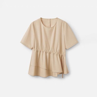 A724新款 漂亮莱赛尔棉混纺收腰质感衬衣短袖 衫 上衣 法式