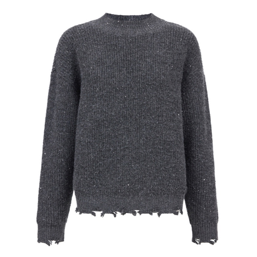 E114针织衫圆领亮片亮丝细闪下摆毛边秋冬时尚休闲百搭针织毛衣