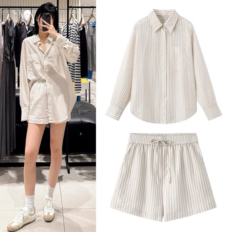 B402新款时尚百搭翻领条纹长袖衬衫加短裤2件套女女