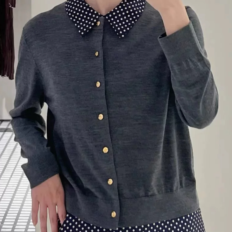 C304波点可拆卸翻领减龄学院风叠穿毛衣秋季新款长袖女针织衫