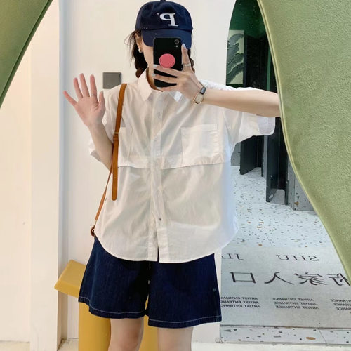 E222韩版短袖衬衫上衣女设计感小众漂亮小衫宽松高级超好看衬衣