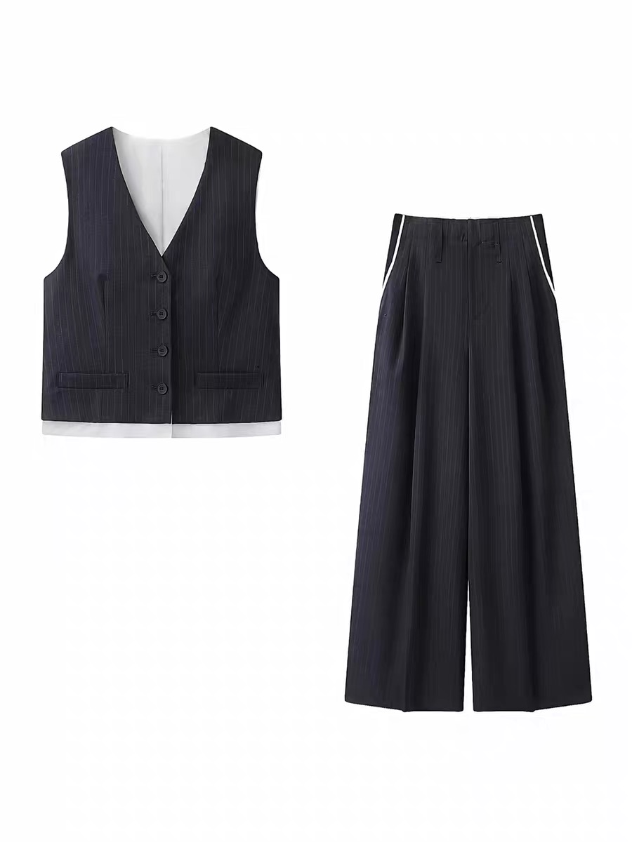 A232艾系列春新款条纹V领无袖条纹西装马甲西裤背心女套装B504