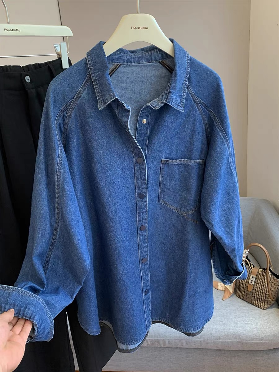B112慵懒风!宽松bf风牛仔衬衫女春秋装设计感小众外套上衣