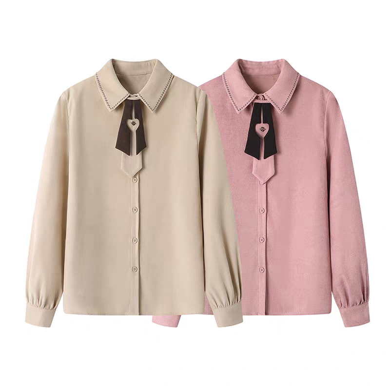 B313复古薄款灯芯绒设计款领结衬衫女长袖翻领显瘦小众上衣