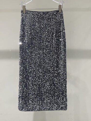 A743艾秋季新款高腰亮片开叉半身裙女31213557