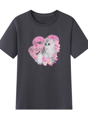 B462春夏季新款天丝灰色宽松猫咪印花百搭少女感短袖T恤上衣