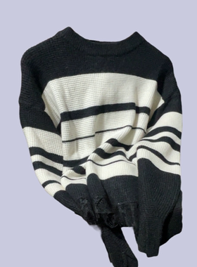 D734秋季新款宽松圆领条纹蕾丝拼接套头长袖针织衫