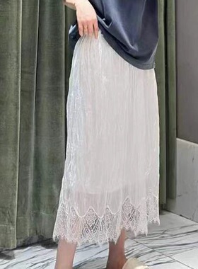 B233半身裙女装夏秋新款时尚百搭松紧腰蕾丝拼接褶皱中长裙子