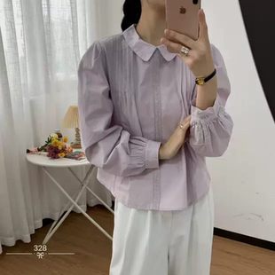女百搭显瘦花边打褶衬衣潮 B104春装 新款 时尚 休闲娃娃领纯棉衬衫
