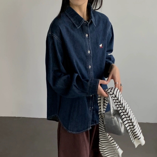 A402宽松大码 女816 内里磨毛绒牛仔刺绣衬衫