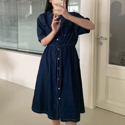 B812 薄款柔软宽松大码连衣裙开衫系带收腰宽松显瘦牛仔连衣裙女