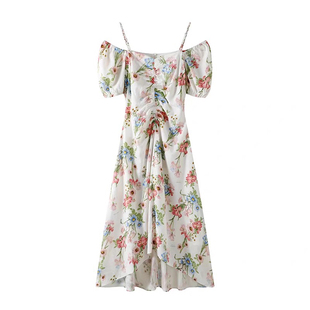 C454鸟系列女装夏款合作系列法式精美气质印花抽皱连衣裙女