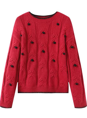 D823新款慵懒风立体绞花宽松套头针织衫毛衣女