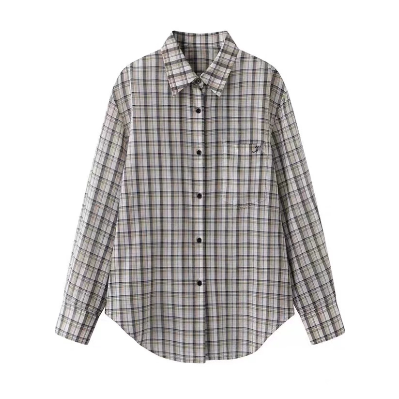 A743【秦岚同款】衬衫含天丝拼色格纹翻领格子衬衫女