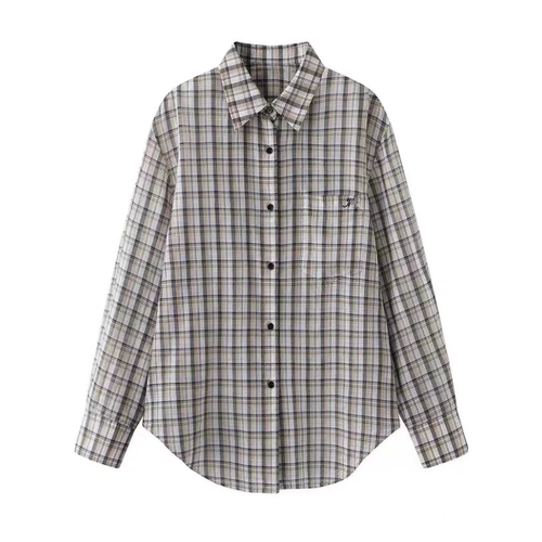 A743【秦岚同款】衬衫含天丝拼色格纹翻领格子衬衫女