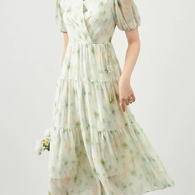 C304连衣裙 春夏新款淑女法式茶歇V领垂感收腰显瘦中长裙0.32