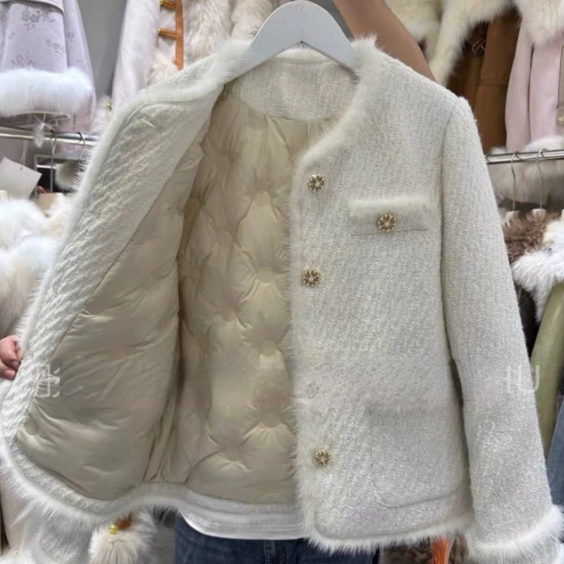 C102真水貂毛边小香风羽绒服外套季新款羊毛呢上衣