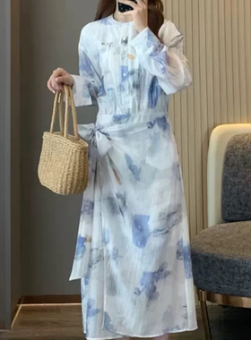 A913莱赛尔混纺印花连衣裙女2026秋新款绑带衬衫裙