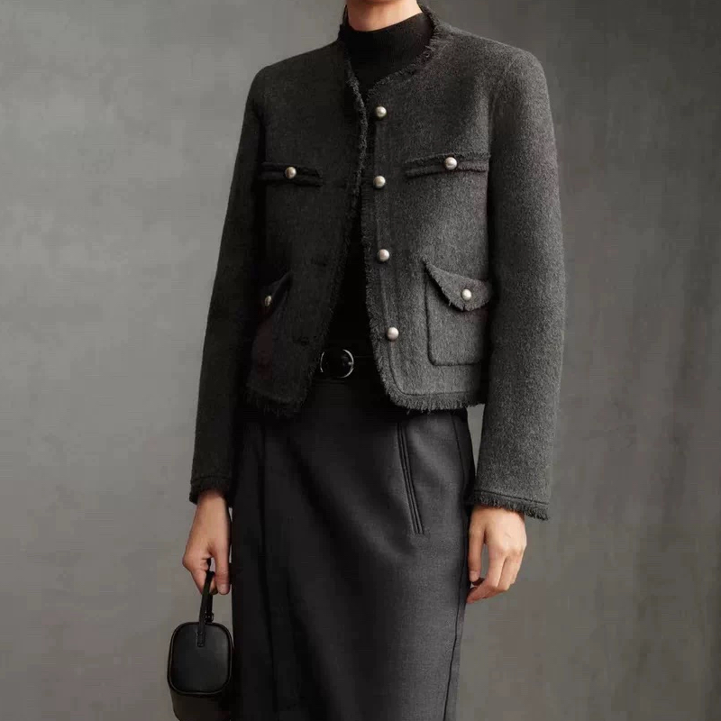 B104双面呢大衣毛边流苏双口袋单排扣气质秋冬百搭小香风毛呢外套