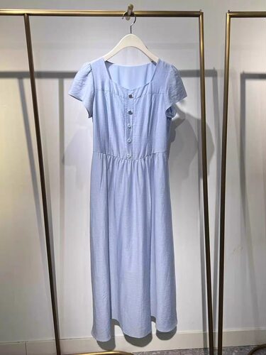 B614 连衣裙  女装夏季新款纯色高腰显瘦方领短袖中长裙遮肉休闲