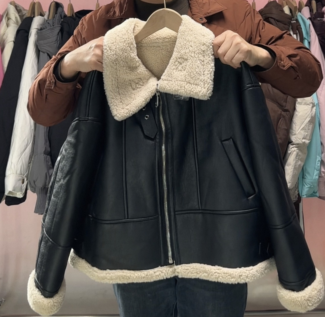 D612宽松大码羊羔毛外套女新款环保皮草皮毛加厚皮衣机车服