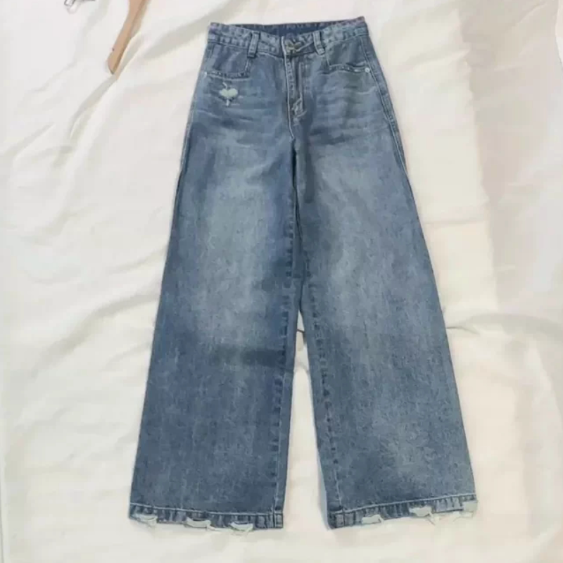 A823春季女装新款毛边破洞显瘦牛仔裤阔腿裤女