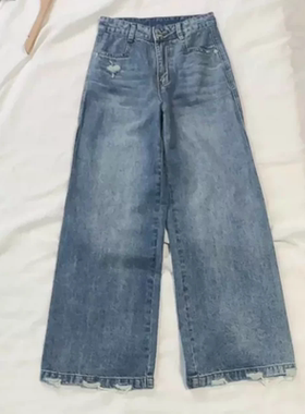 A823春季女装新款毛边破洞显瘦牛仔裤阔腿裤女