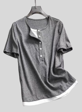 D523撞色拼接假两件宽松遮肉显瘦圆领夏季新款百搭短袖T恤女