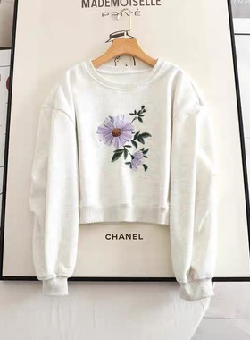 C344花朵刺绣加绒加厚卫衣女秋冬新款灰色长袖宽松短款上衣