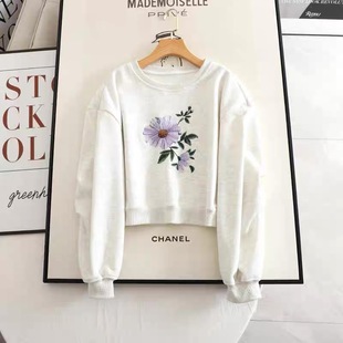 上衣 宽松短款 C344花朵刺绣加绒加厚卫衣女秋冬新款 灰色长袖