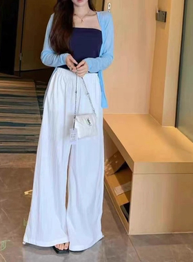 E924春夏薄款V领针织开衫 微透防晒空调衫+白色直筒长裤+抹胸