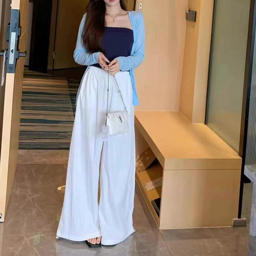 E924春夏薄款V领针织开衫 微透防晒空调衫+白色直筒长裤+抹胸