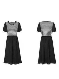 A644圆领条纹针梭织拼接连衣裙春装 通勤简约长裙女0.35 款