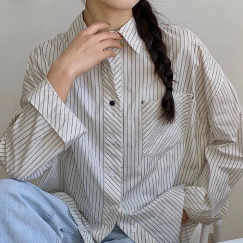 B603 白色竖条纹衬衫上衣长袖女士秋季新款通勤宽松内搭休闲衬衣