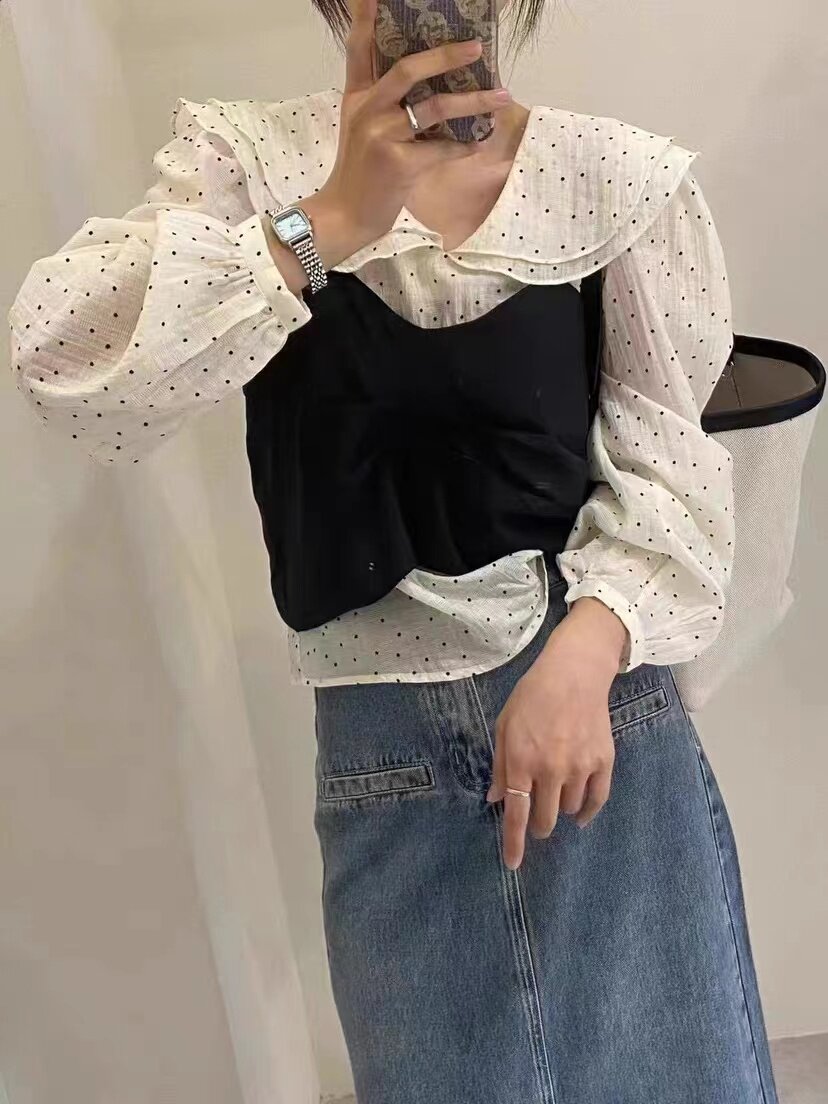 波点小衫两件套女2023春秋新款韩版减龄百搭外套小吊带套装d601