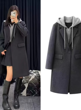 A622 冬季新款时尚休闲可拆帽襟拼接假两件中长款雪花呢大衣女